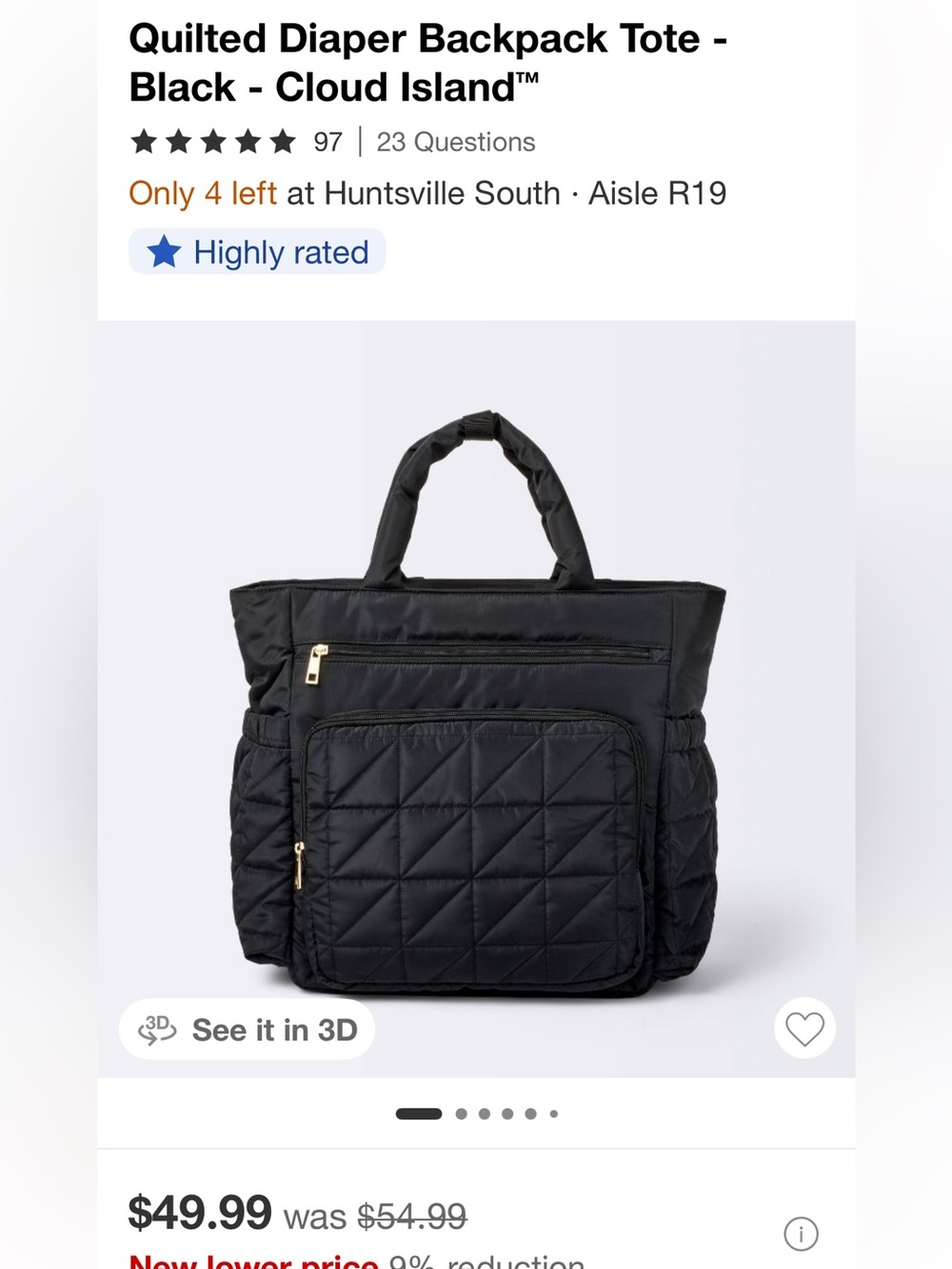 cloud island Black Quilted Tote with Gold Accents